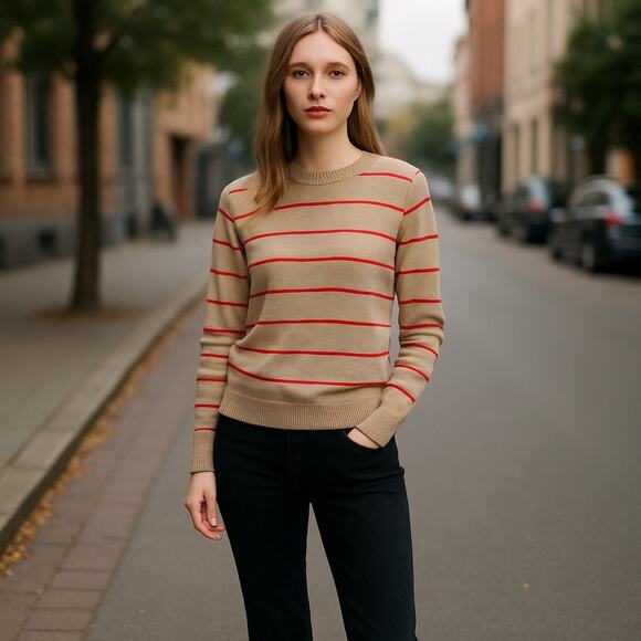 Vintage 90s Traditionalist Striped Boyfriend Sweater Beige Red Sz Small - Picture 1 of 6